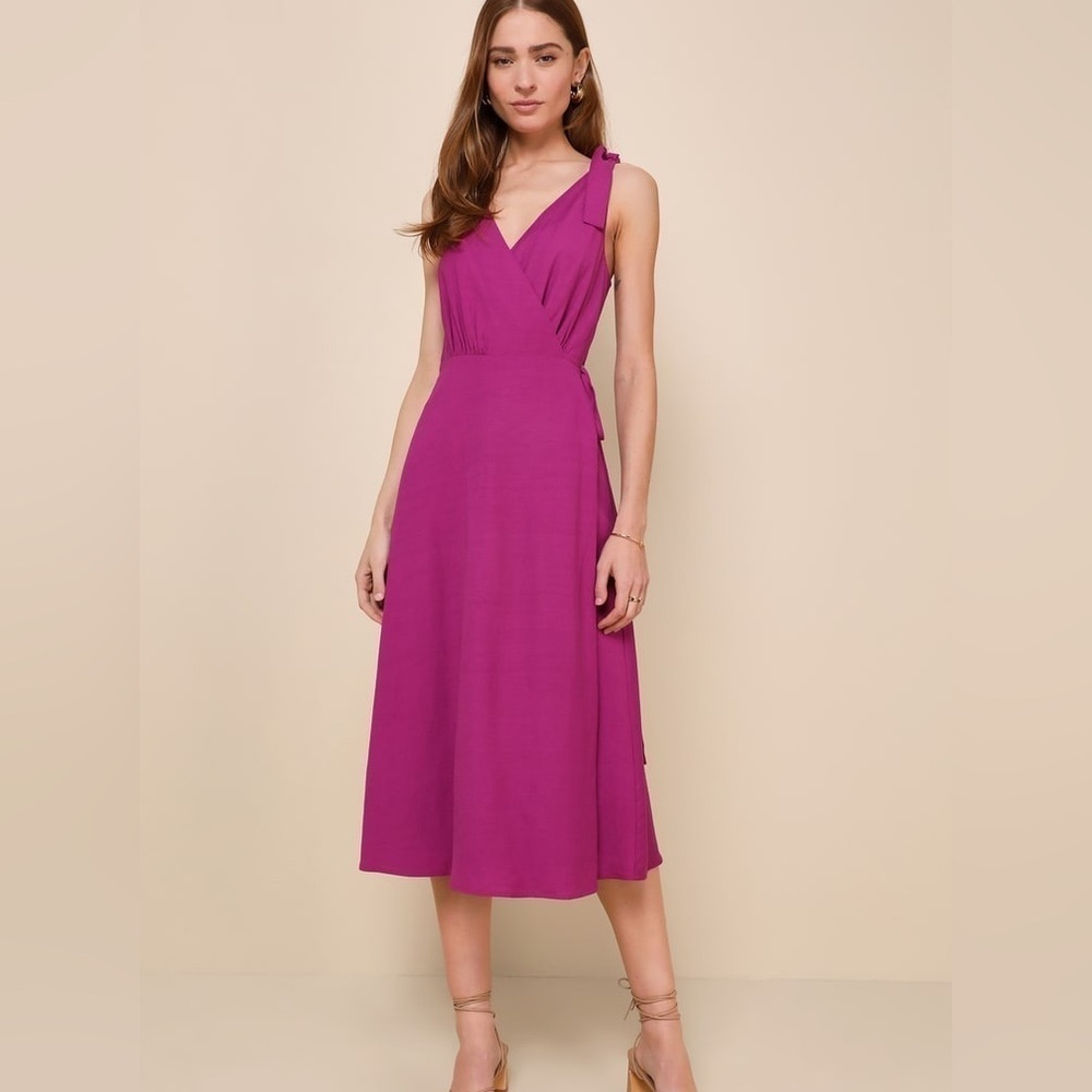 NWT Lulus Charming Tendencies Magenta Purple Surplice Wrap Midi Dress